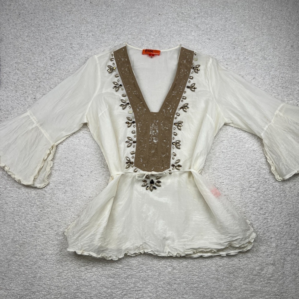 Hale Bob Tunic Top Womens L White Embellished Boho Tie Waist Ruffle Hem
